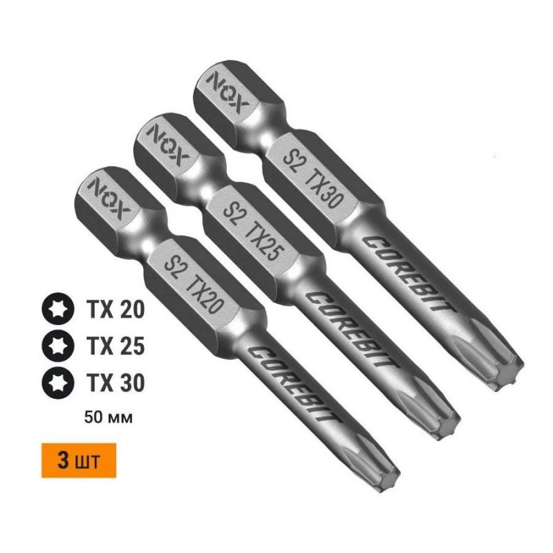 Набор бит COREBIT NOX SET3 E6,3 Tx20,25,30-50, 3 шт., карта Набор бит COREBIT NOX SET3 E6,3 Tx20,25,30-50, 3 шт., карта