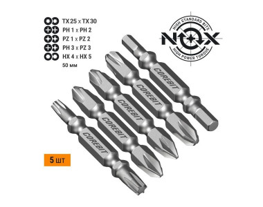 Набор бит COREBIT NOX SET5 2Х Ph1xPh2, Pz1xPz2, Ph3хPz3, Tx25xTx30, Hex4xHex5-50, 5 шт., карта Набор бит COREBIT NOX SET5 2Х Ph1xPh2, Pz1xPz2, Ph3хPz3, Tx25xTx30, Hex4xHex5-50, 5 шт., карта