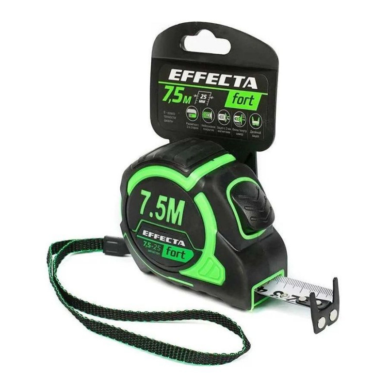Рулетка EFFECTA Fort 7,5м/25 мм, магнит, автостоп, лента -2стор шкала- нейлон Рулетка EFFECTA Fort 7,5м/25 мм, магнит, автостоп, лента -2стор шкала- нейлон