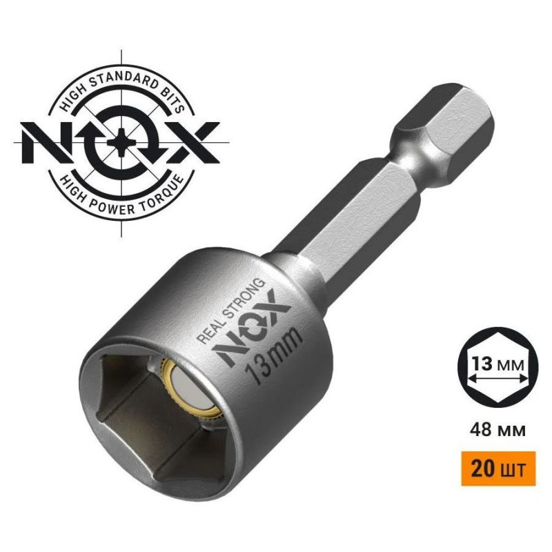 Ключ-насадка магнитная NOX NUT SETTER 13x48 мм, 20 шт., упаковка ПВХ Ключ-насадка магнитная NOX NUT SETTER 13x48 мм, 20 шт., упаковка ПВХ