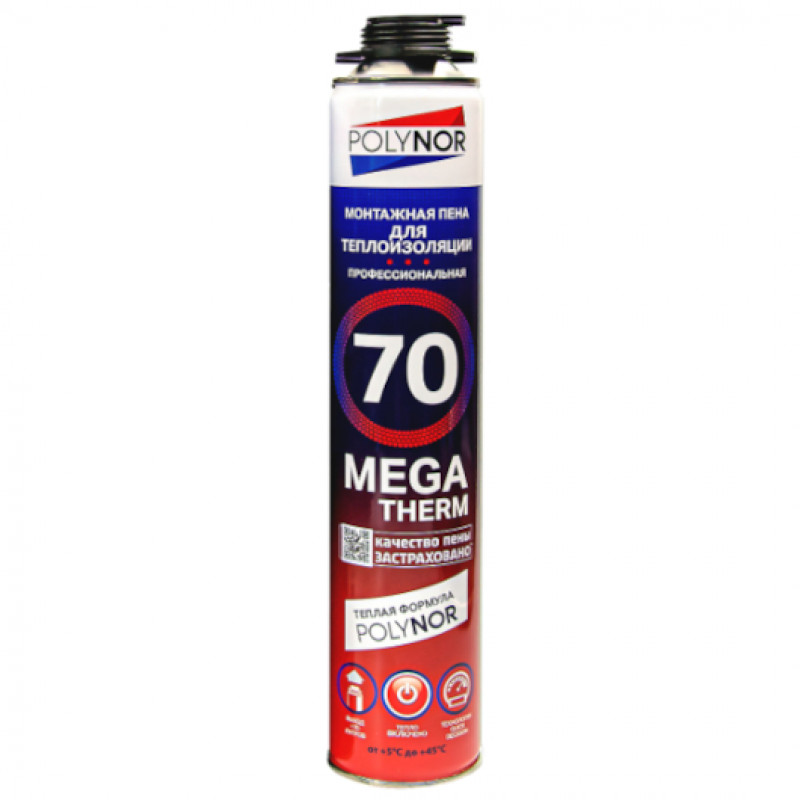 Пена монтажная POLYNOR 70 MEGA THERM летняя, профессиональная, под пистолет Пена монтажная POLYNOR 70 MEGA THERM летняя, профессиональная, под пистолет