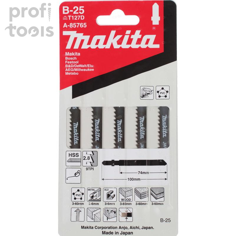 Лобзиковые пилки для твердого дерева Makita B-25, 74 мм, 5 шт [A-85765]