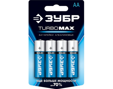 Щелочная батарейка 1.5 В, тип АА, 4 шт, ЗУБР Turbo-MAX