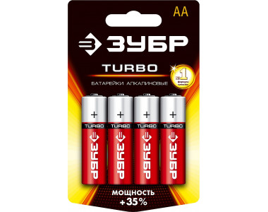 Щелочная батарейка 1.5 В, тип АА, 4 шт, ЗУБР Turbo